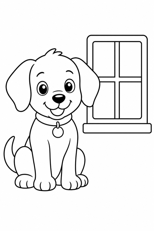 Puppy sitting by a window, color online