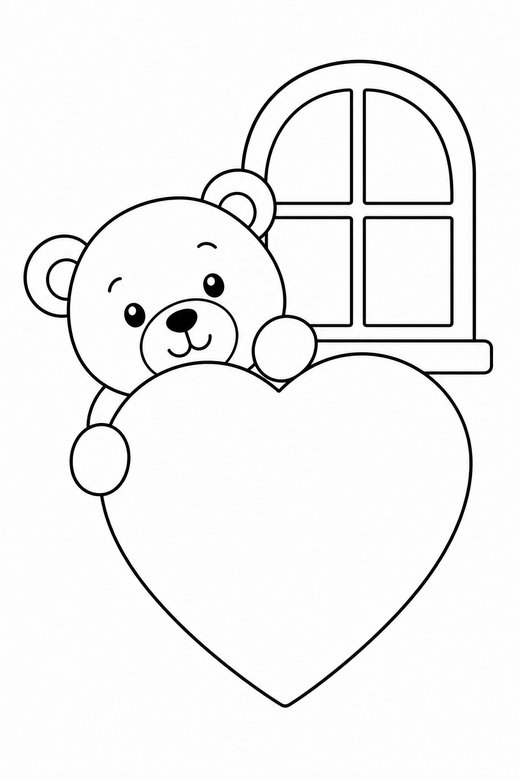 Teddy bear peeking by a window, color online