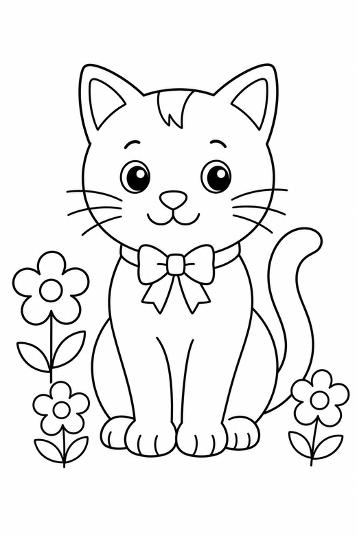 Cat sitting with flowers, color online