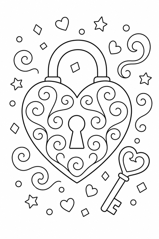 Heart and key with a swirl with confetti, color online
