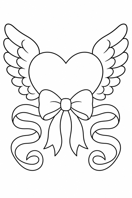 Winged heart with a bow with ribbons, color online