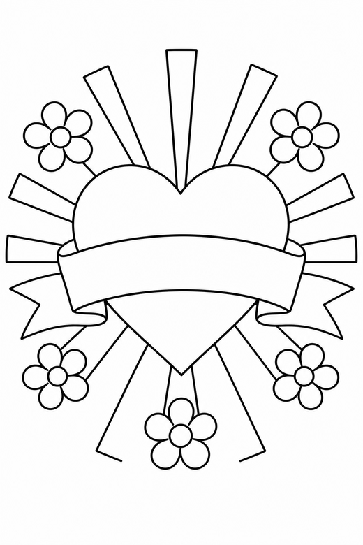 Heart banner with rays with flowers, color online