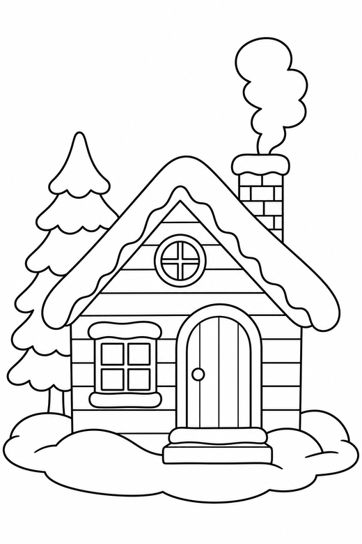 Snowy cabin, color online